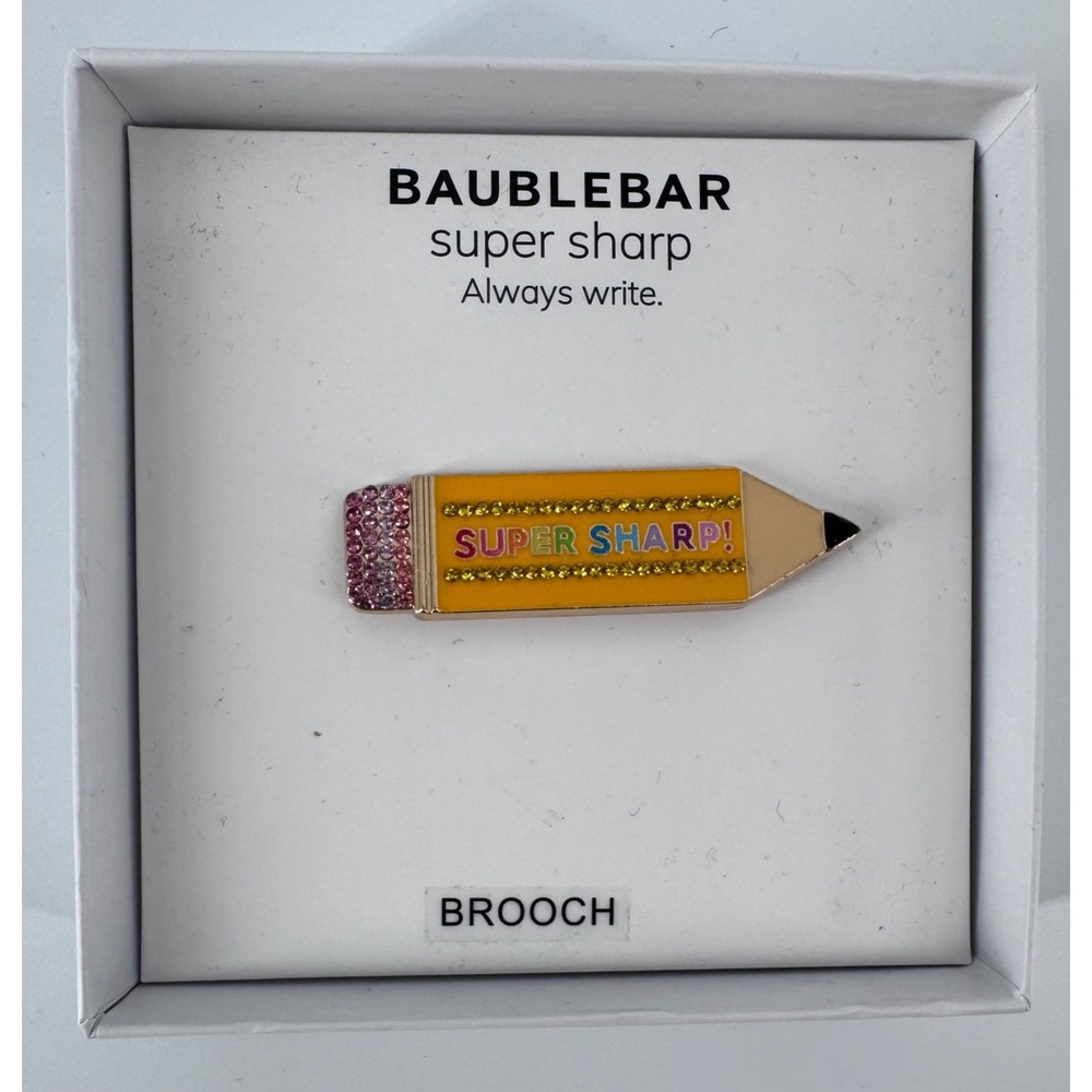 BaubleBar Teacher Pencil Brooch Pin Super Sharp Gold Pink Stone NIB Teacher Gift
